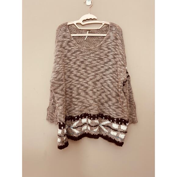 Free People Brown Oversized Aztec Wool Mohair Blend Knit Pullover Sweater Size S - Picture 2 of 11